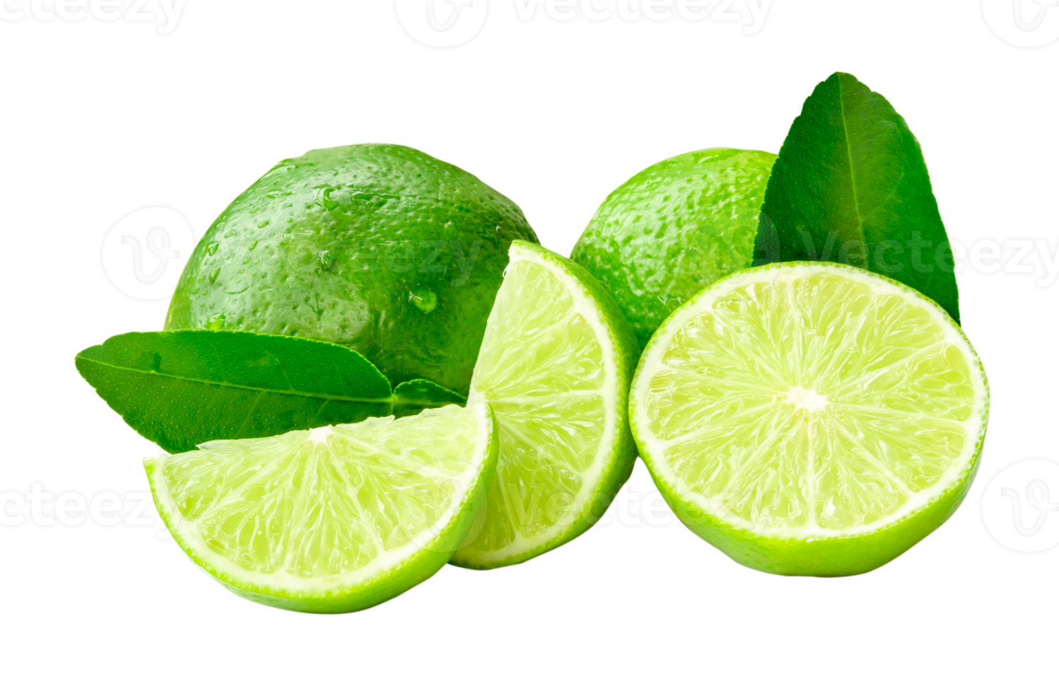 Front view of green lemon fruits and leaves with half and slices or quarters isolated with clipping path in png file format