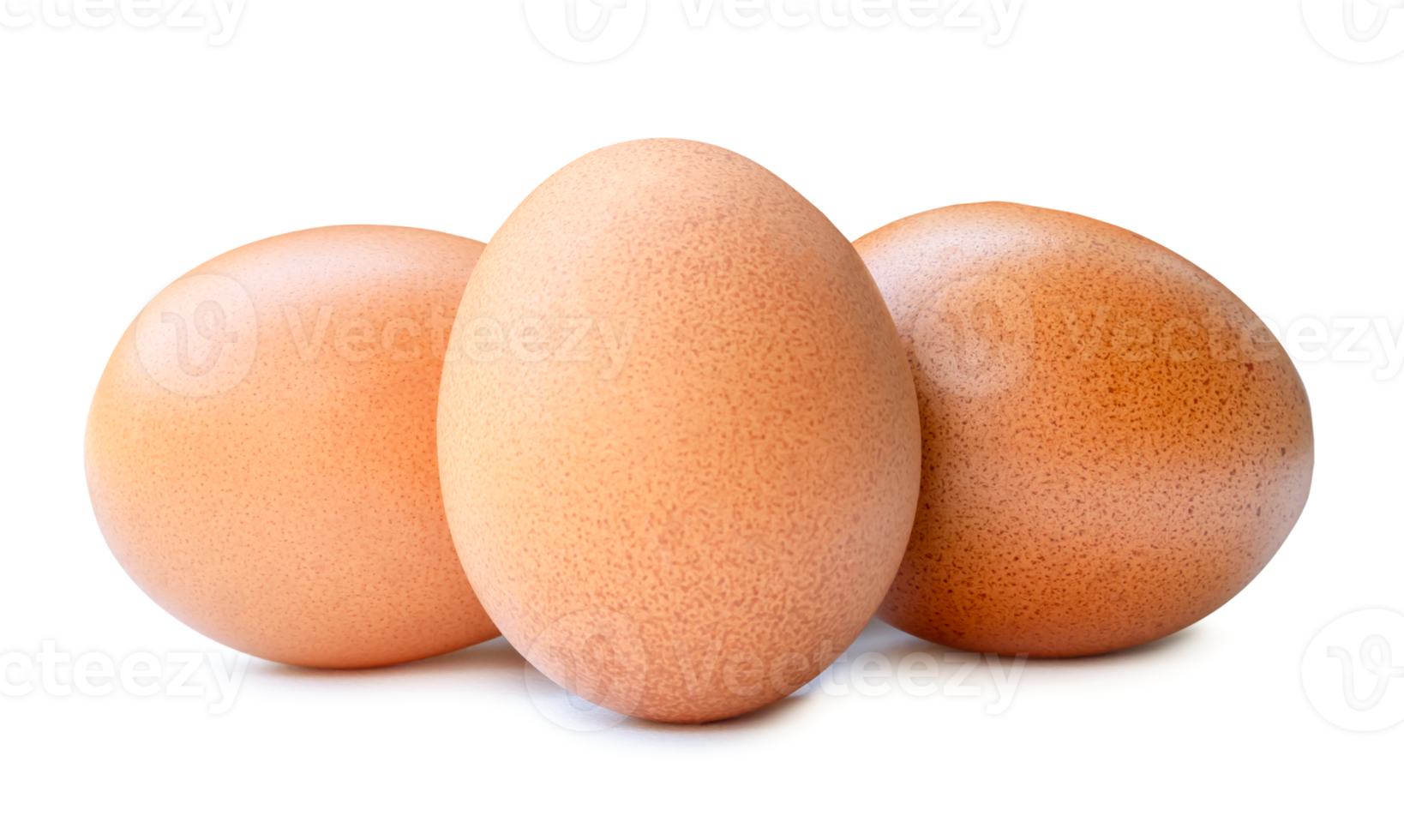 Front view of three fresh chicken eggs in stack isolated with clipping path and shadow in png file format