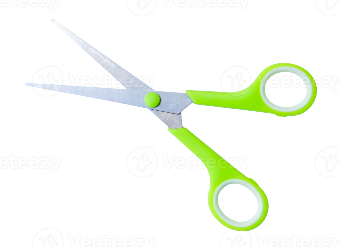 Top view of a pair of multipurpose scissors with green handle isolated with clipping path in png file format