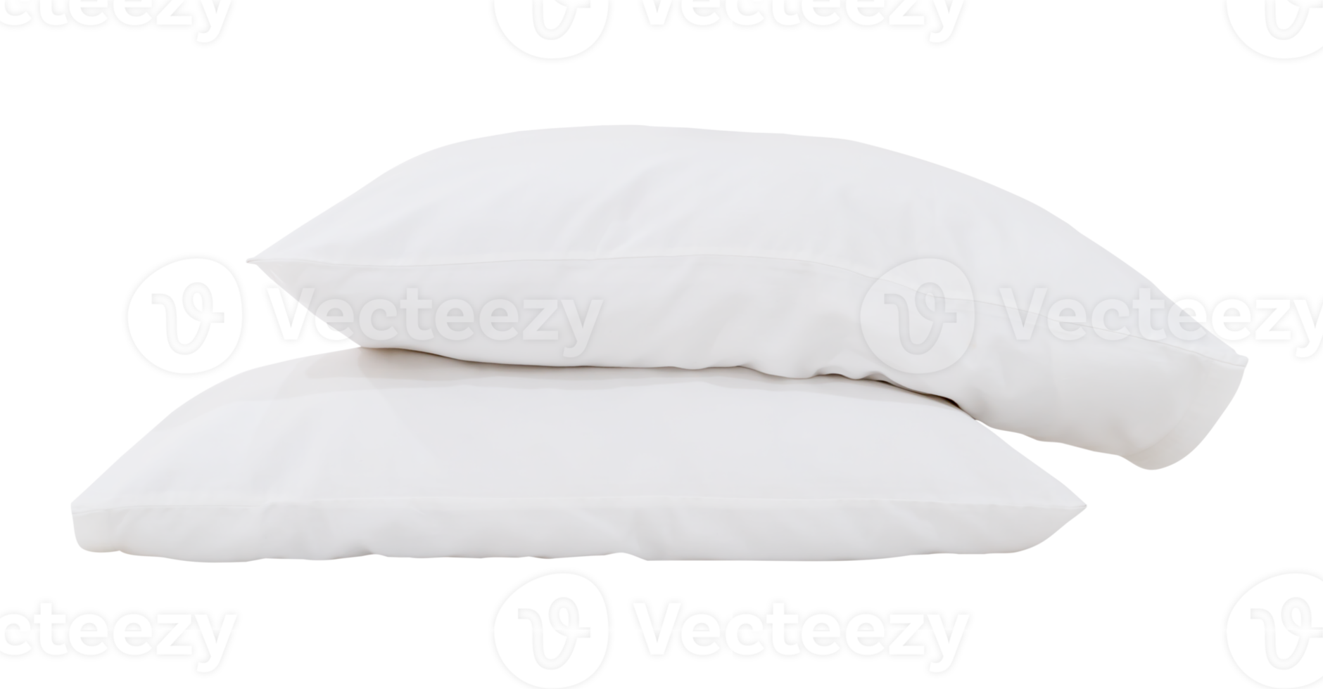 Front view of white pillows in stack with cases after guest's use in hotel or resort room isolated with clipping path in png file format.  Concept of comfortable and happy sleep in daily life