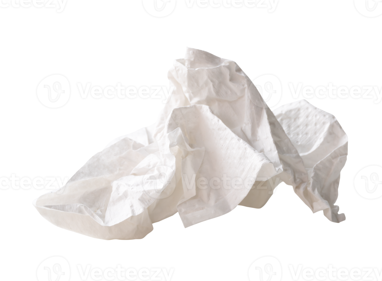 Front view of crumpled tissue paper or toilet paper ball after use in toilet or restroom isolated with clipping path in png file format
