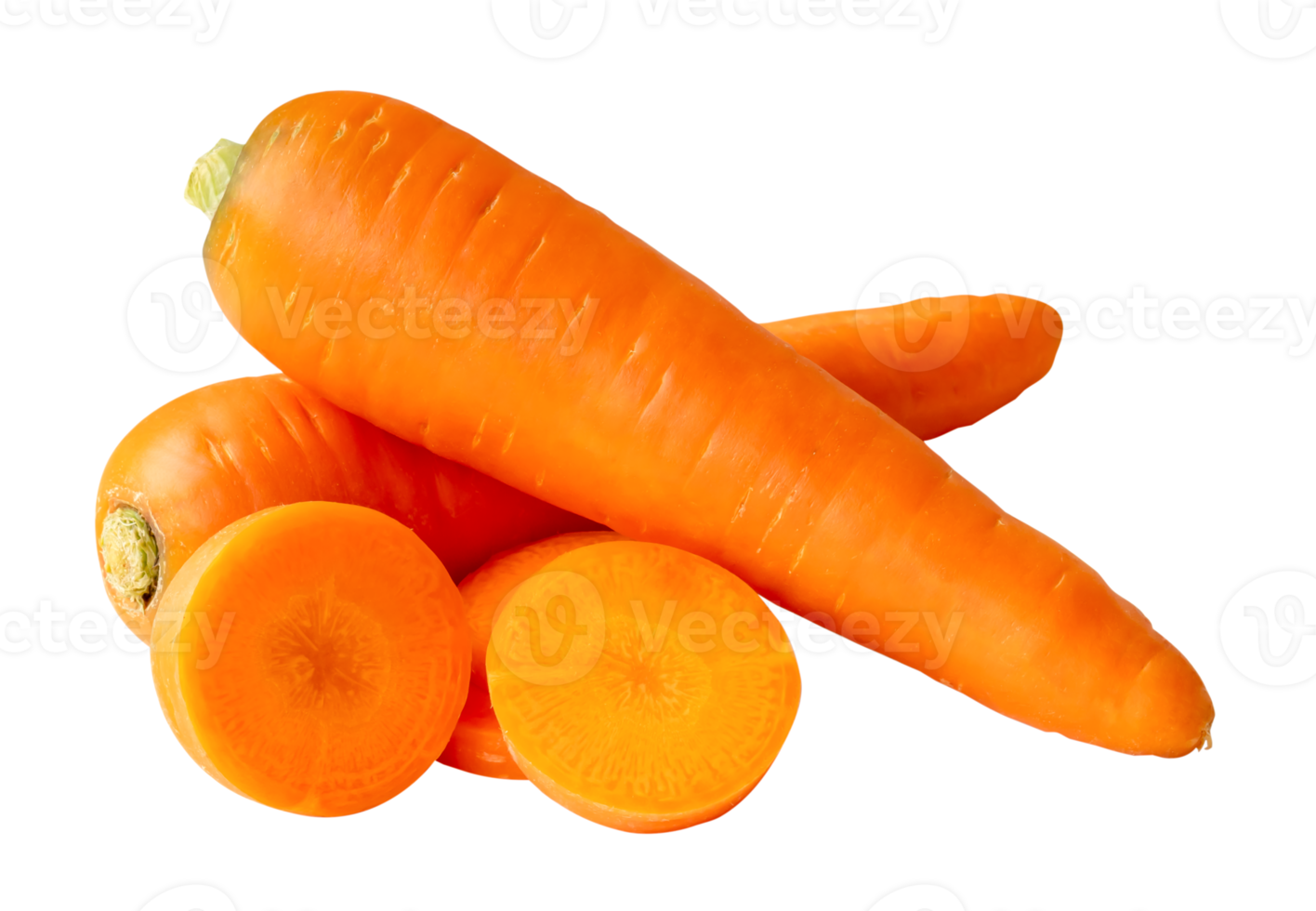 Front view of beautiful orange carrots with slices in stack isolated with clipping path in png file format