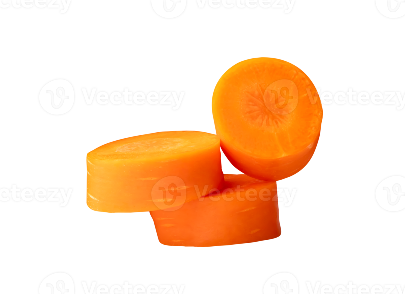 Front view of beautiful orange carrot slices in stack isolated  with clipping path in png file format