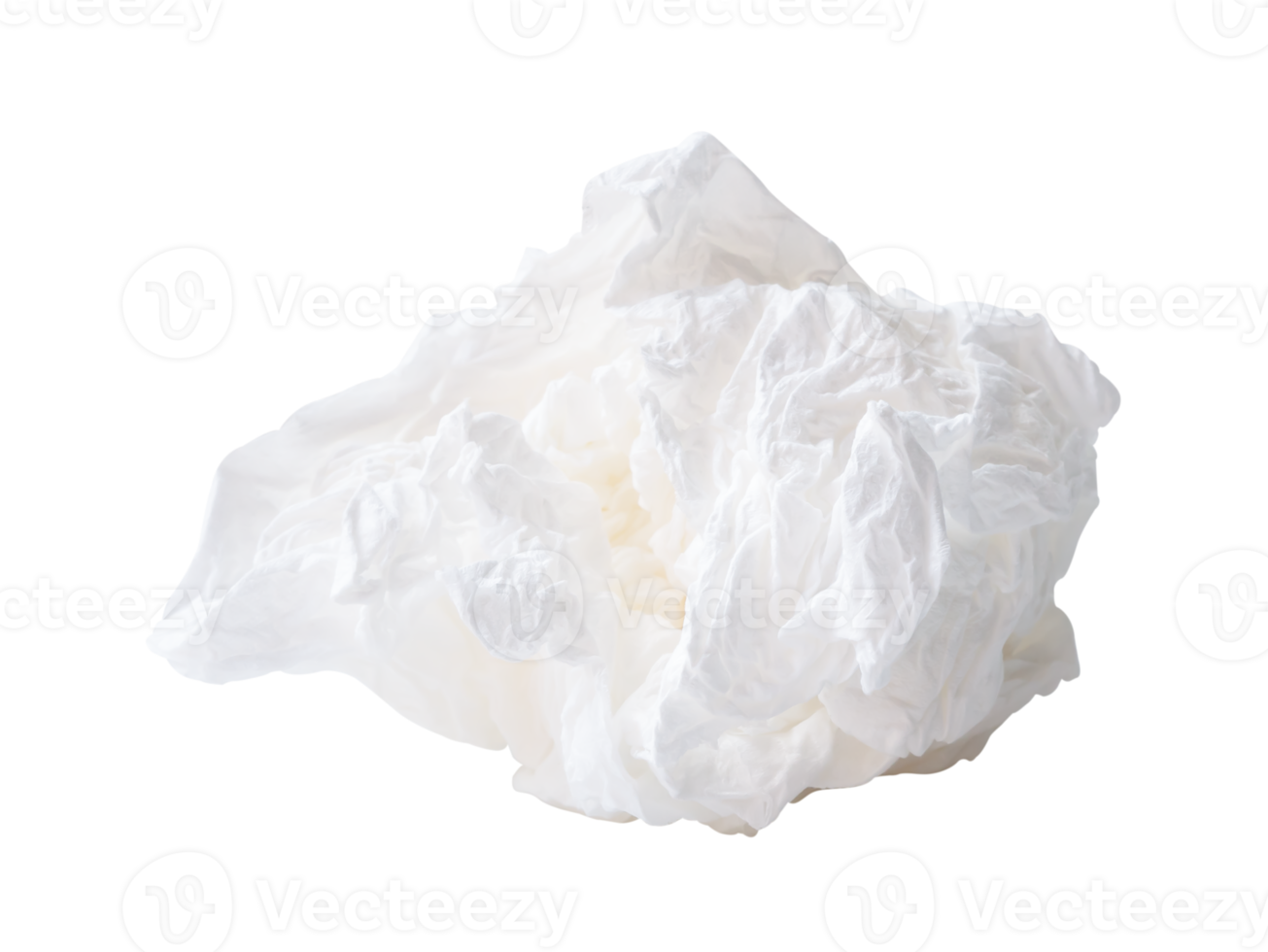 Front view of crumpled tissue paper ball after use in toilet or restroom isolated with clipping path in png file format