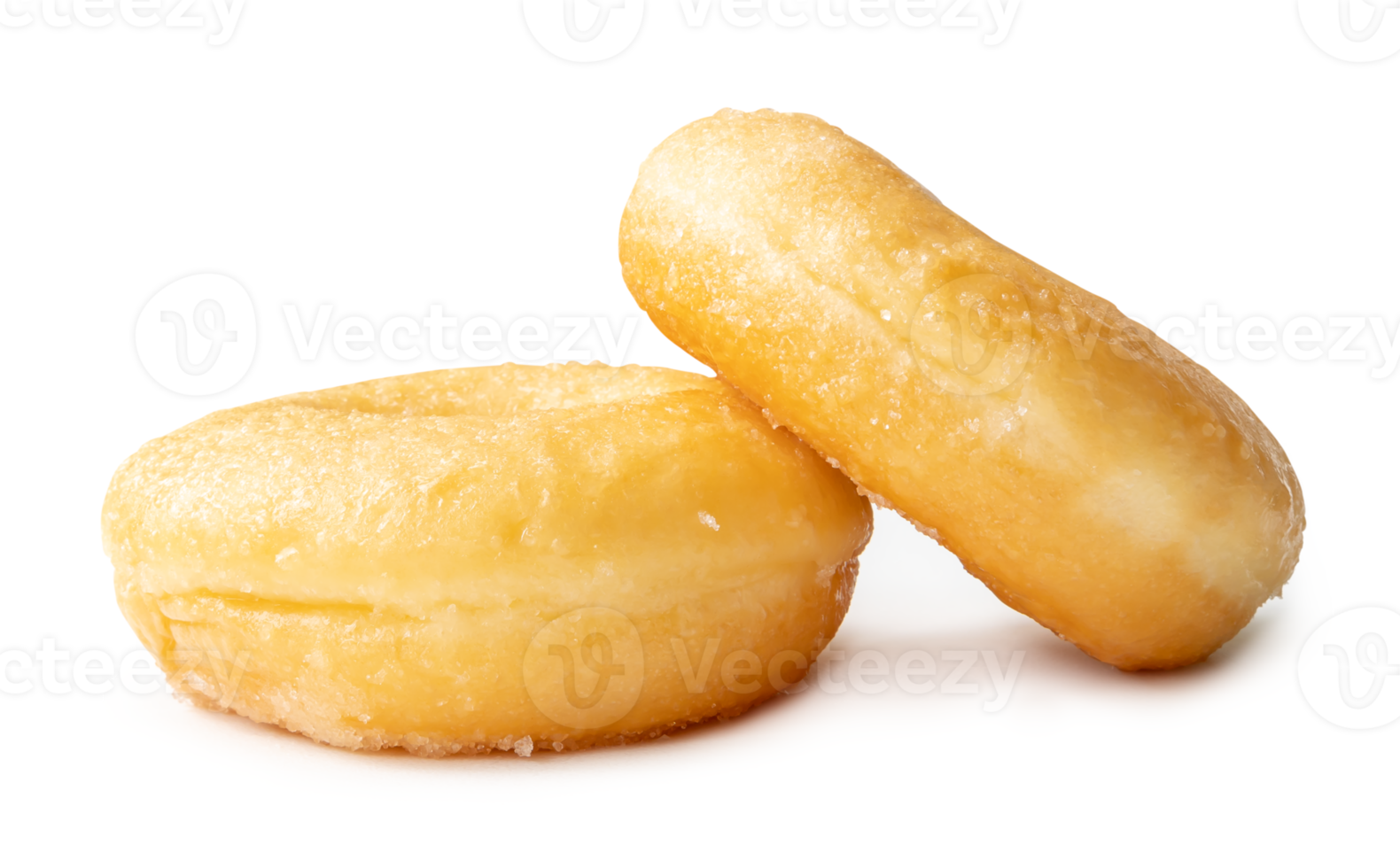 Front view of two delicious Cinnamon Sugar Mini Donuts in stack isolated with clipping path and shadow in png file format. Donuts with sugar sprinkle