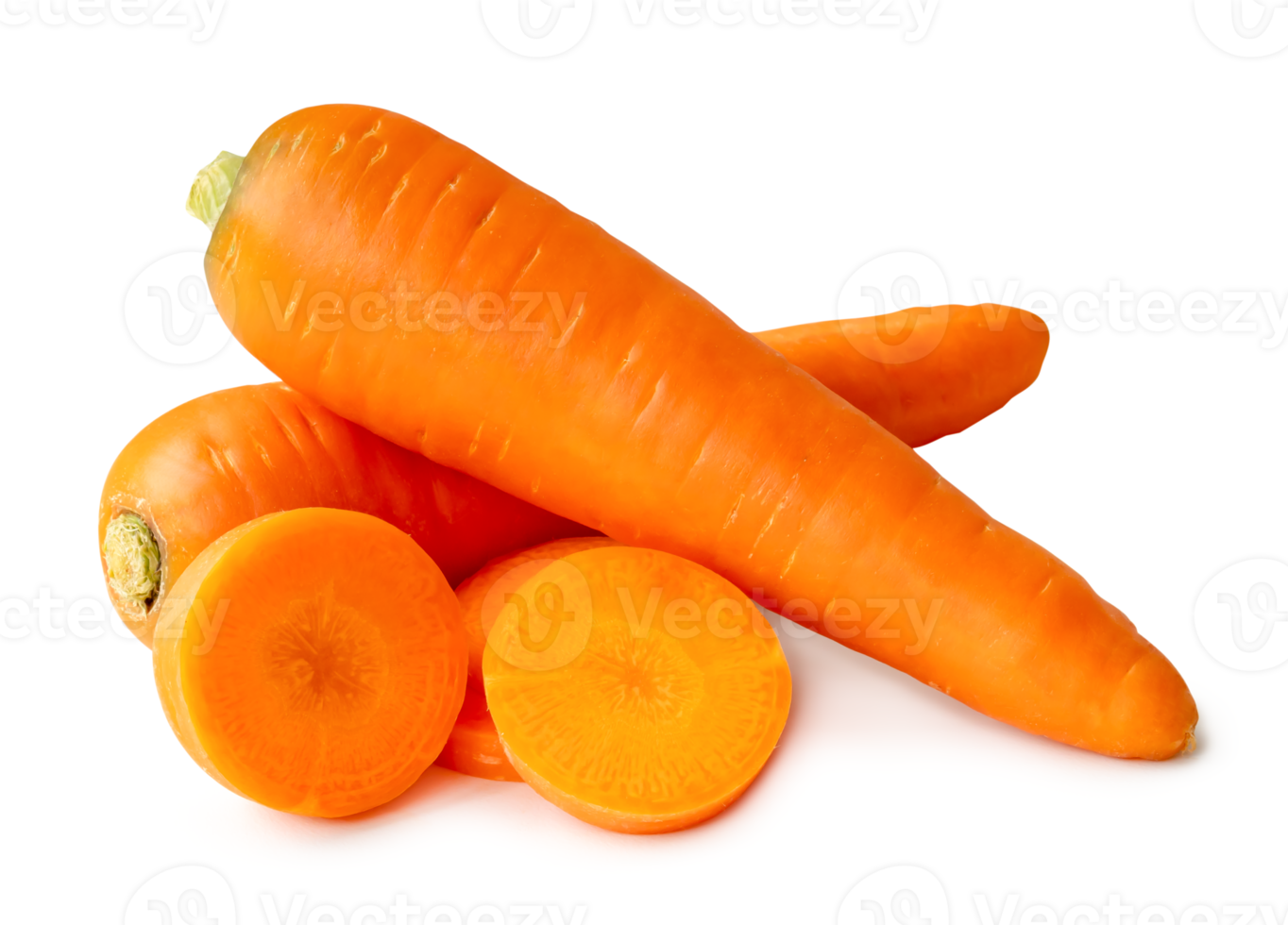 Front view of beautiful orange carrots with slices in stack isolated with clipping path and shadow in png file format