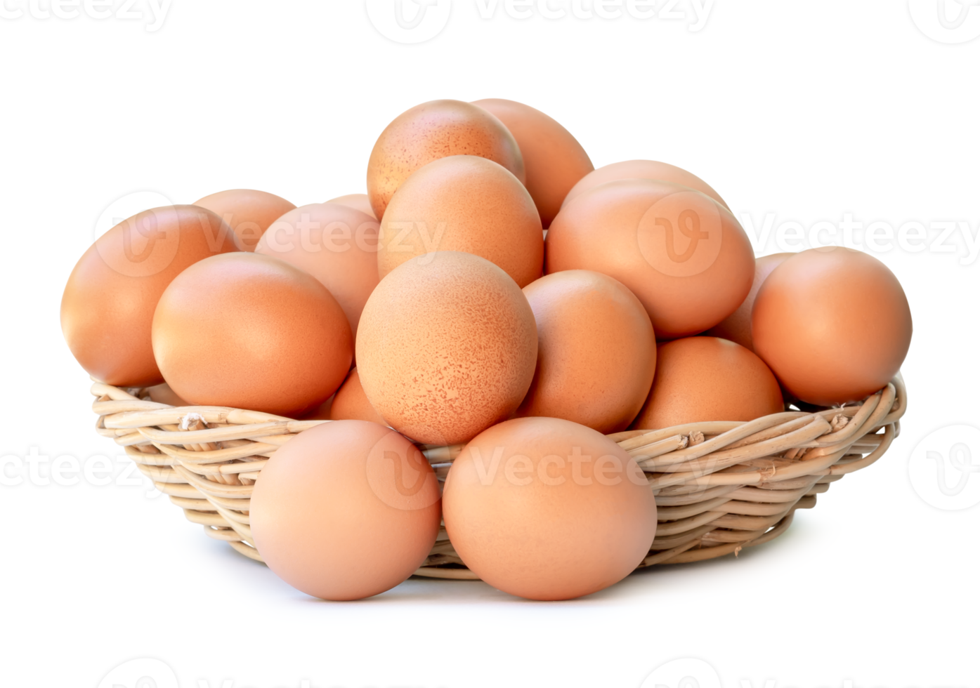 Front view of fresh brown chicken eggs in stack in woven bamboo basket isolated with clipping path and shadow in png file format