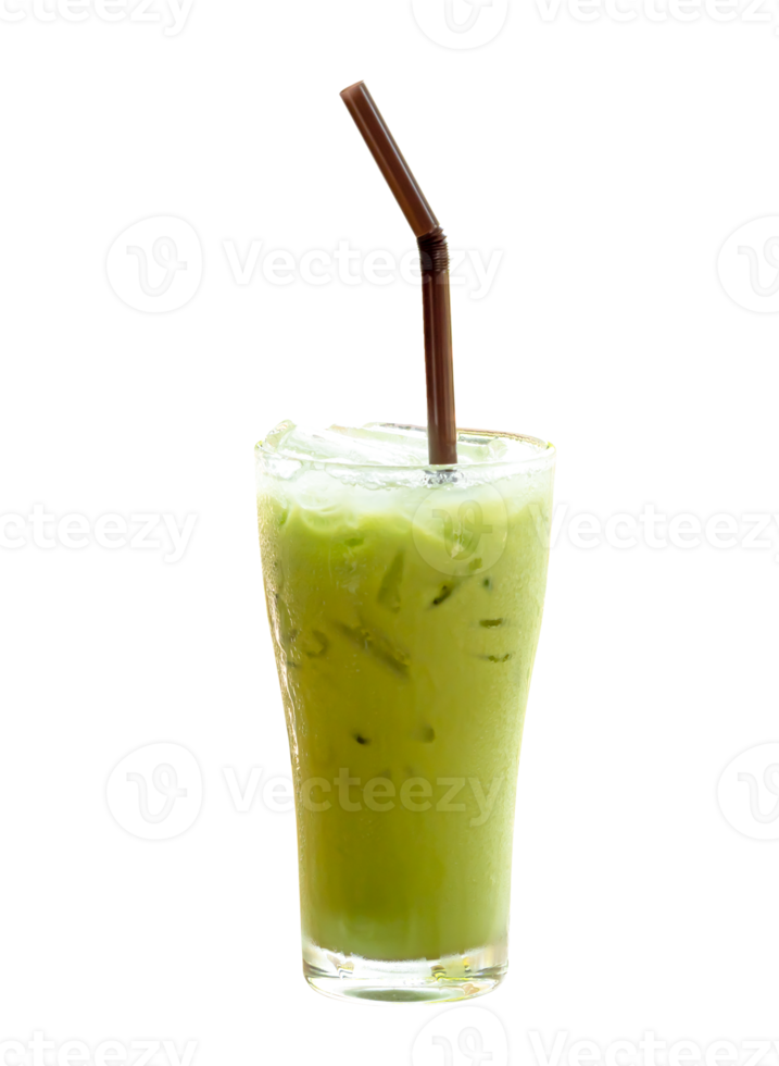 Front view of Iced matcha green tea with condensed milk and black straw in transparent glass isolated with clipping path in png file format
