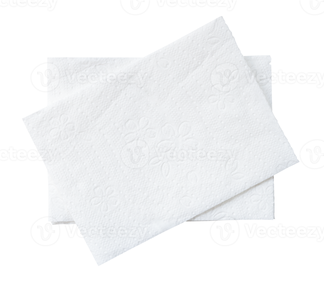 Top view of two folded pieces of white tissue paper or napkin in stack isolated with clipping path in png file format