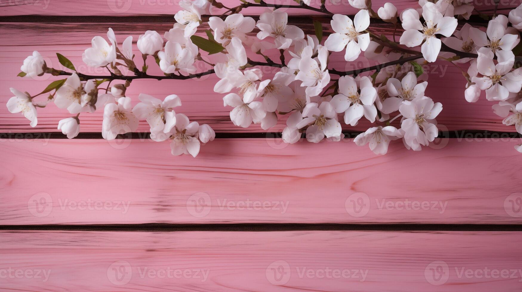 ai generado rosado de madera tableros con rosado flores antecedentes foto