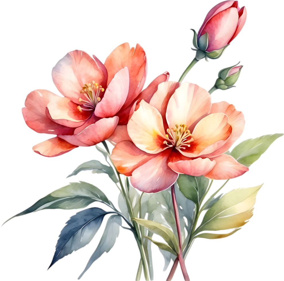 AI generated Watercolor flower with leaves painting. png