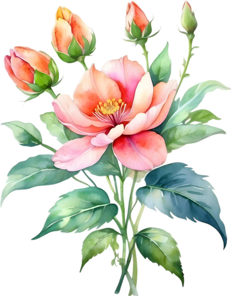 AI generated Watercolor flower with leaves painting. png