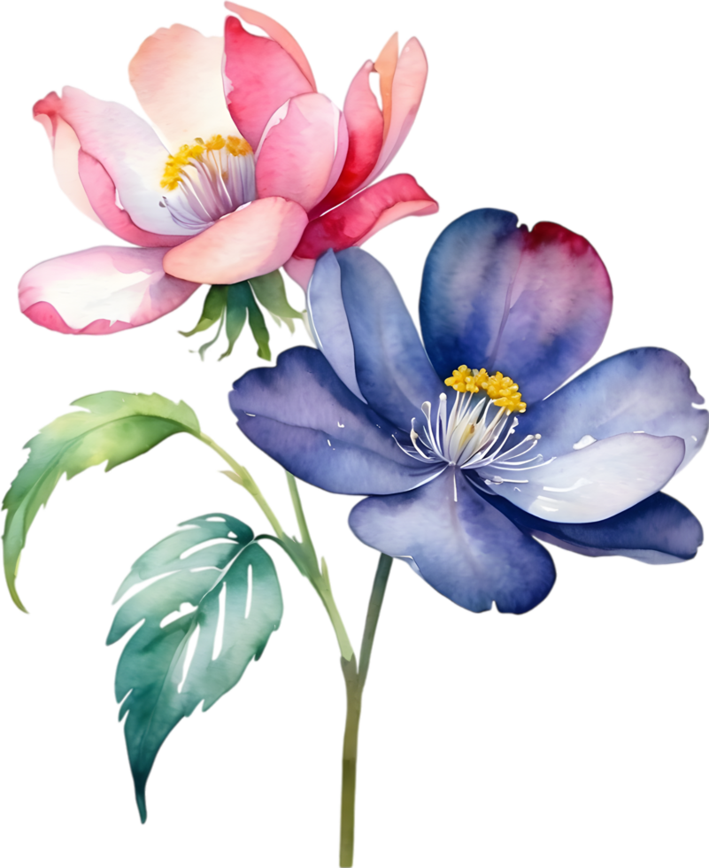 AI generated Watercolor flower with leaves painting. png