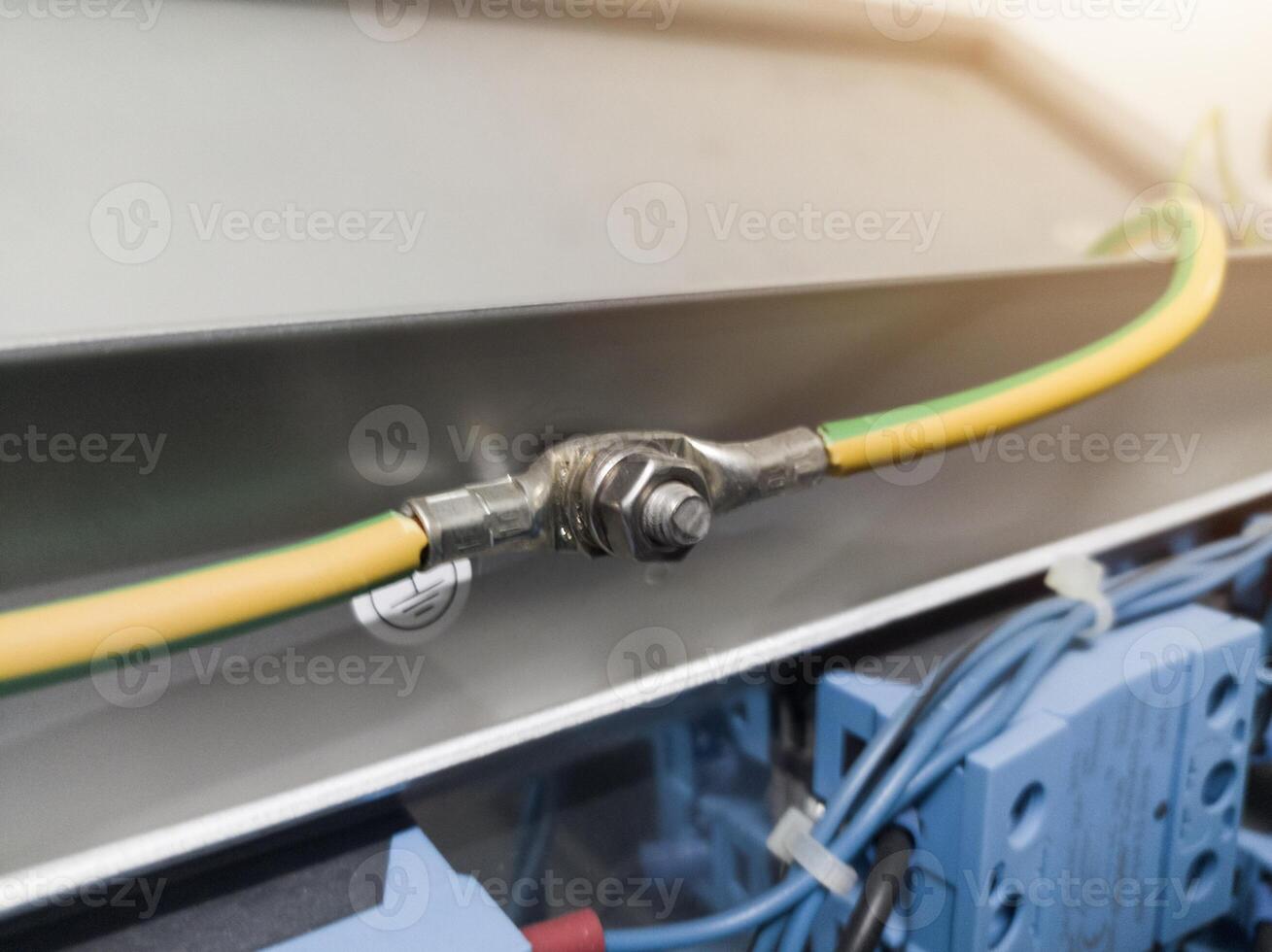 Cables Terminals grounding  of the Earthing point system on electrical  panel board. photo