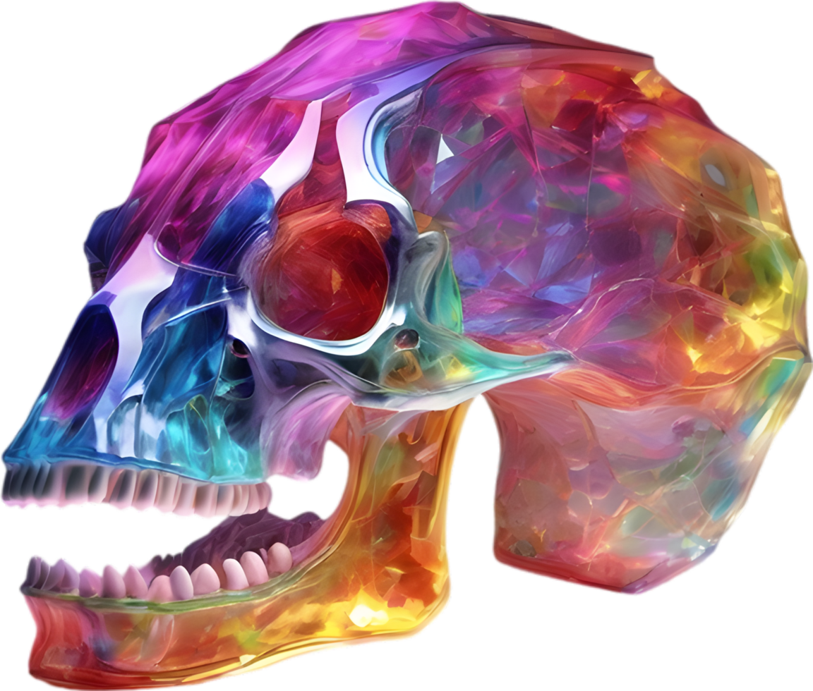 AI generated Colorful crystal skull, Close-up image of a colorful crystal skull. png