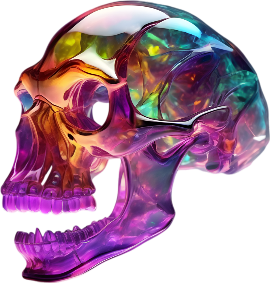 AI generated Colorful crystal skull, Close-up image of a colorful crystal skull. png