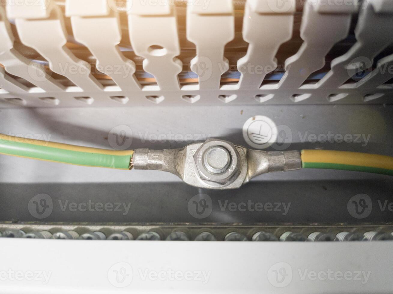 Cables Terminals grounding  of the Earthing point system on electrical  panel board. photo