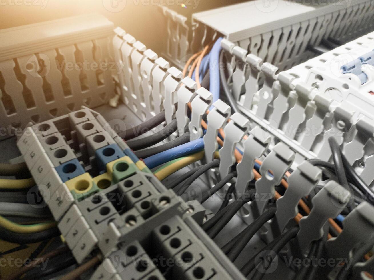 Terminal connection cable power three phase , neutral and grounding for panel circuit line. photo