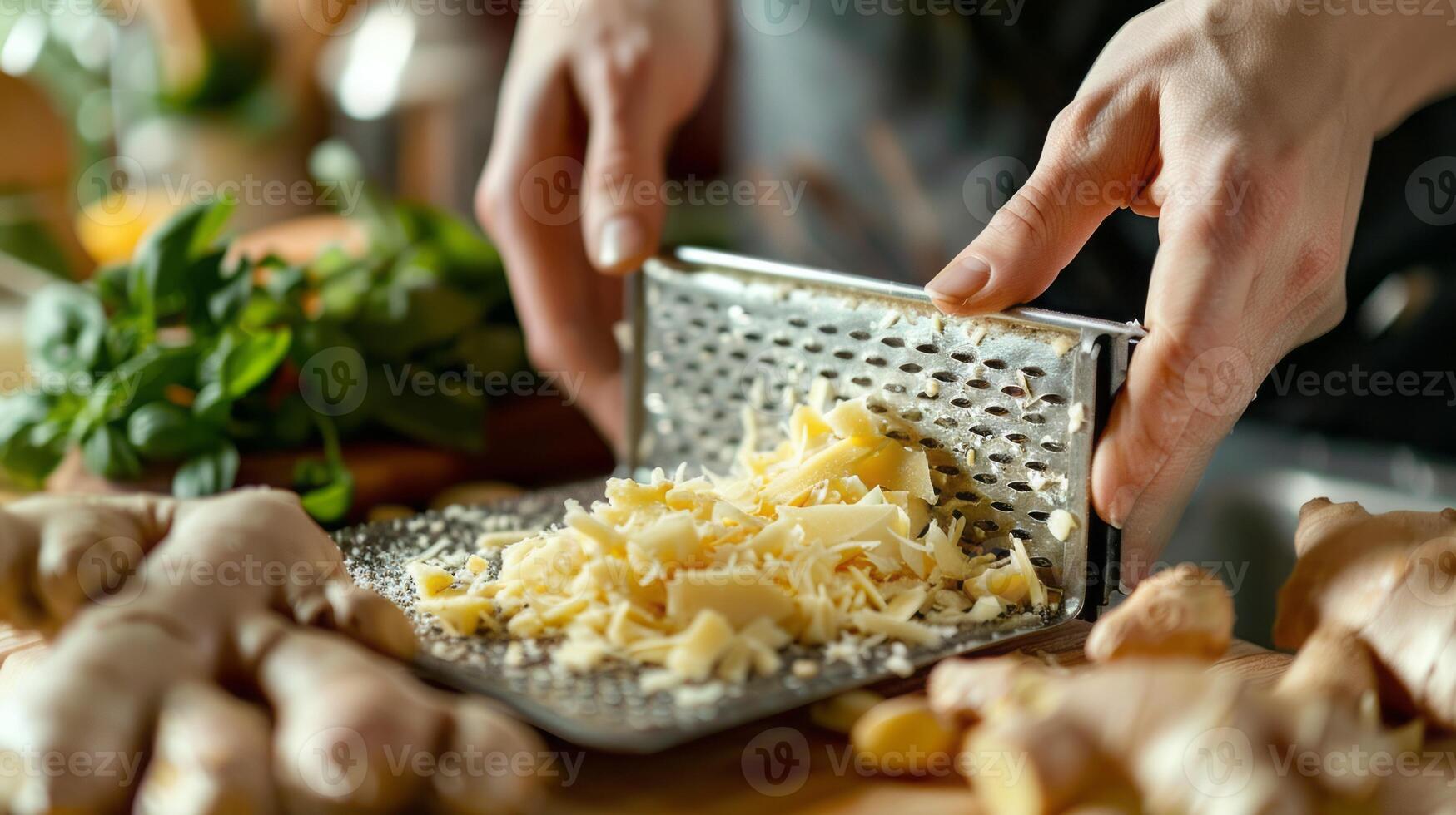 AI generated Kitchen counter with hands grating fresh ginger for a recipe. photo