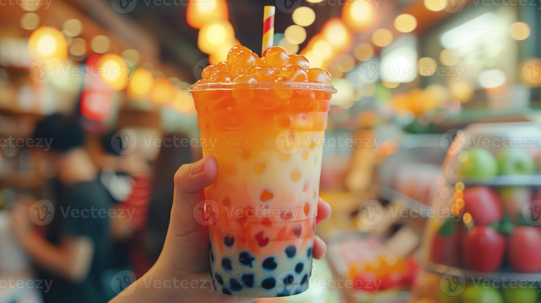 AI generated Bubble tea shop with hands holding a colorful cup of tapioca pearls photo