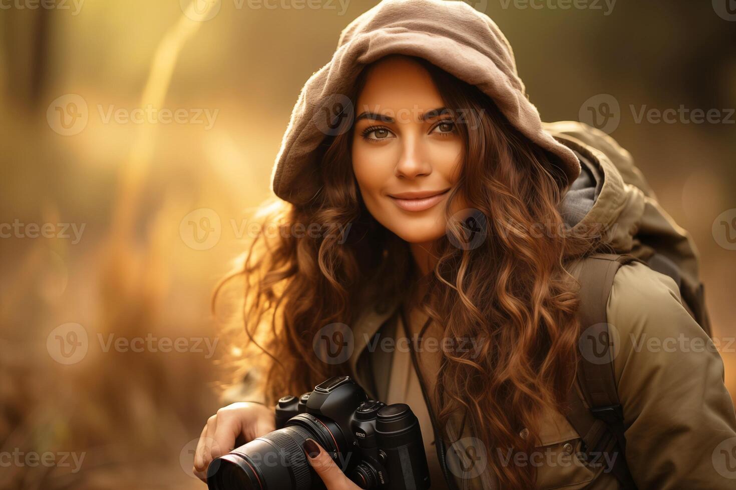 AI generated Female Wildlife Photographer with Telephoto Lens photo