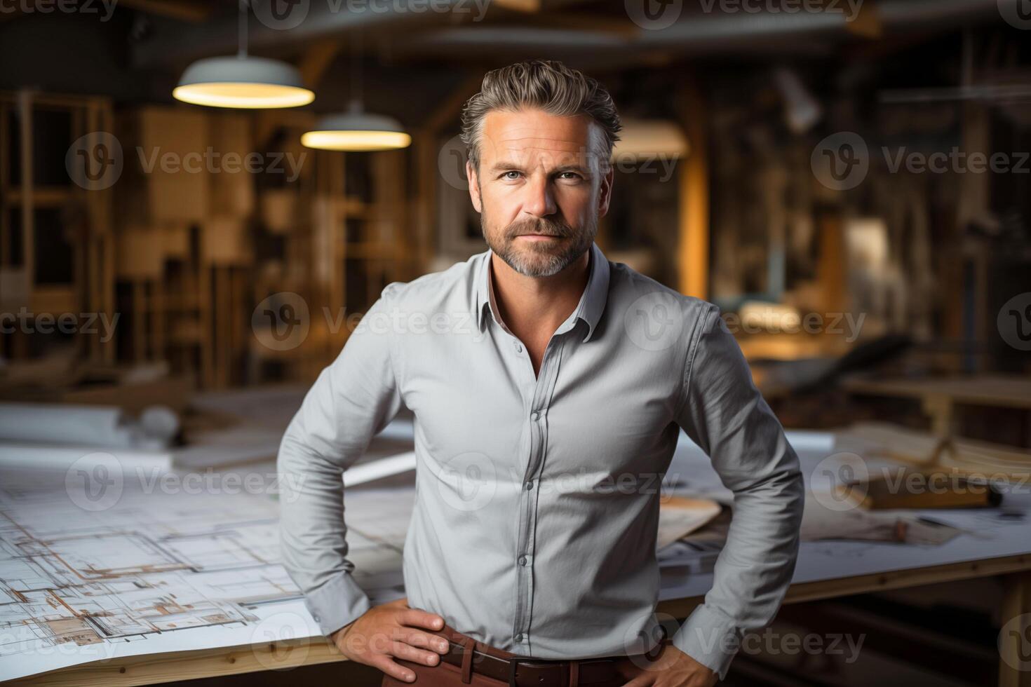 AI generated Male Architect with Blueprints. Engineering project Construction photo