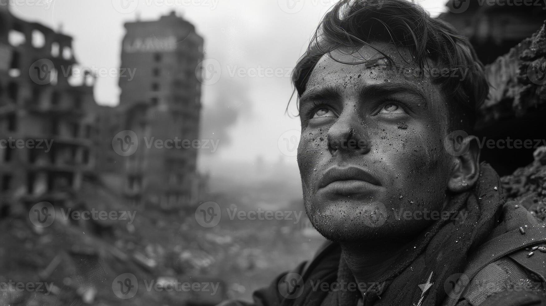 AI generated Poignant wartime portrait, sacrifice and bravery in a soldier's emotional photograph from the second great war, a powerful depiction of human toll and resilience amidst fight for liberty photo