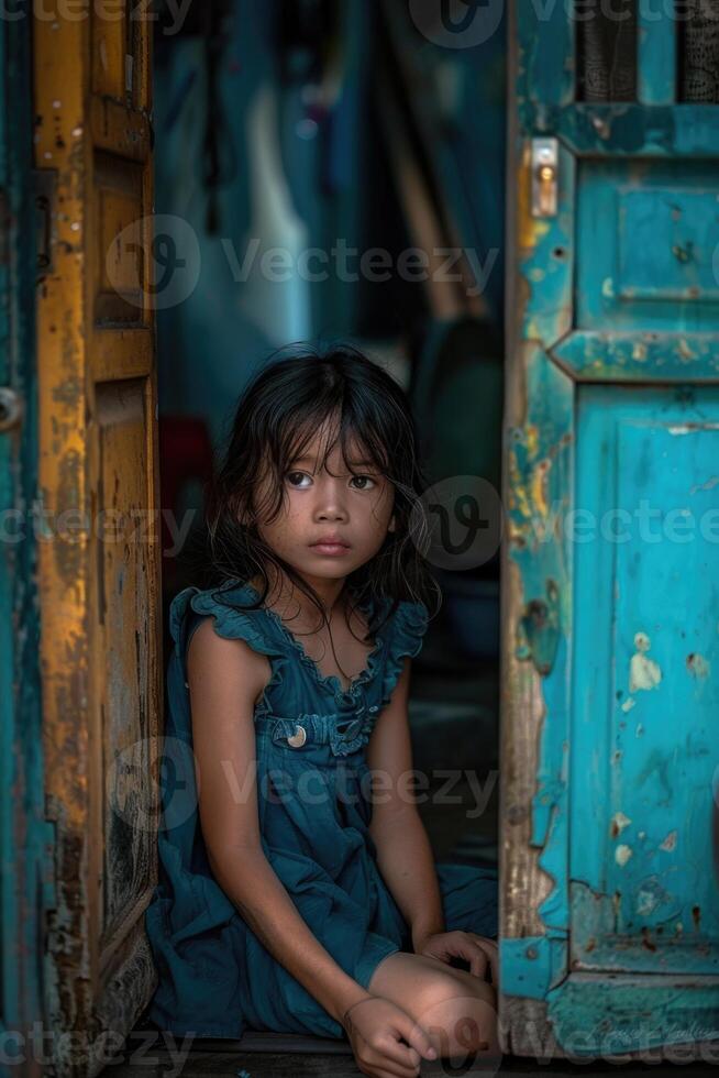 AI generated Portrait of an orphan, life, struggles, and resilience of a child without parents, navigating through challenges with hope and determination in a world of uncertainty photo