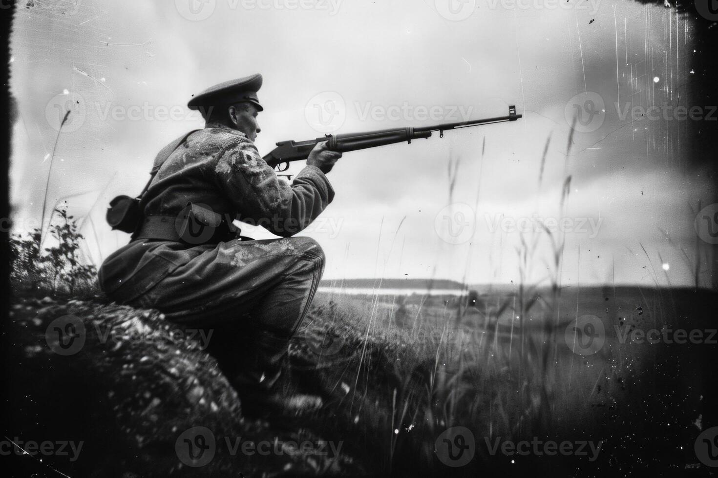 AI generated Poignant wartime portrait, sacrifice and bravery in a soldier's emotional photograph from the second great war, a powerful depiction of human toll and resilience amidst fight for liberty photo