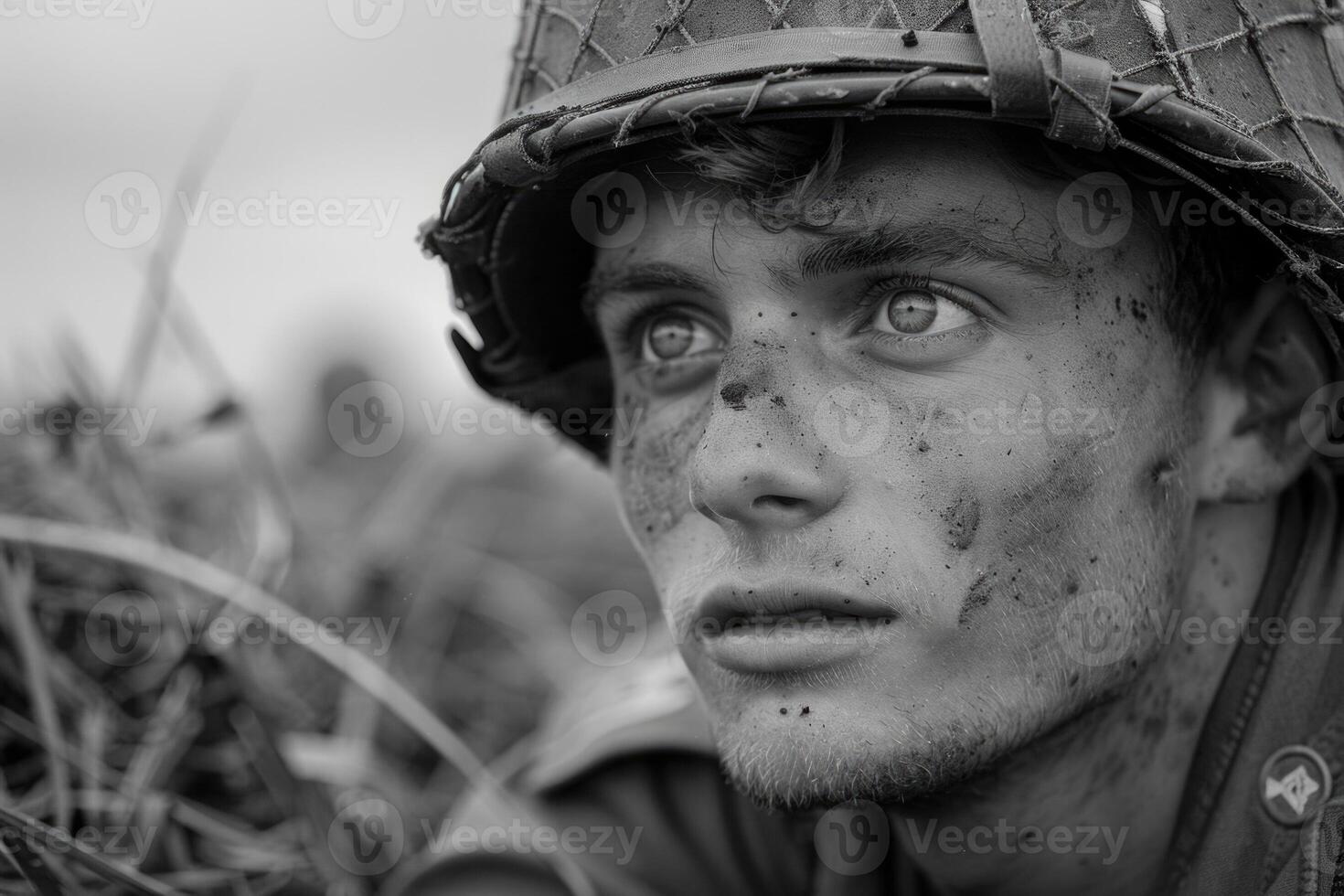 AI generated Poignant wartime portrait, sacrifice and bravery in a soldier's emotional photograph from the second great war, a powerful depiction of human toll and resilience amidst fight for liberty photo