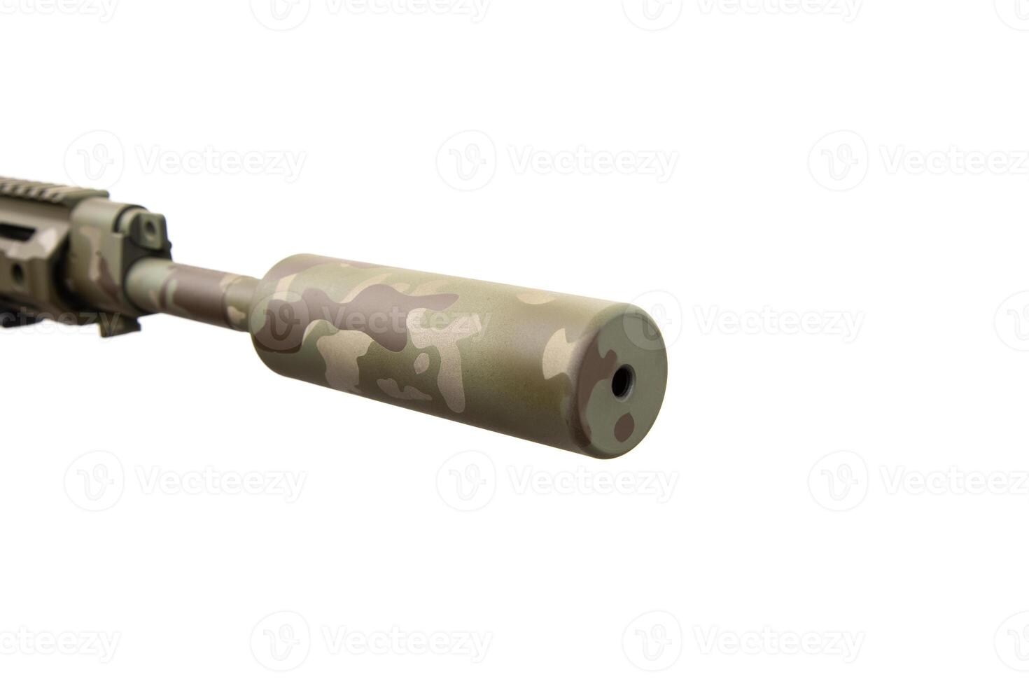 Close-up of a silencer on a carbine. A modern carbine with an optical sight and a silencer. Weapons in camouflage coloring. Isolated on white back photo