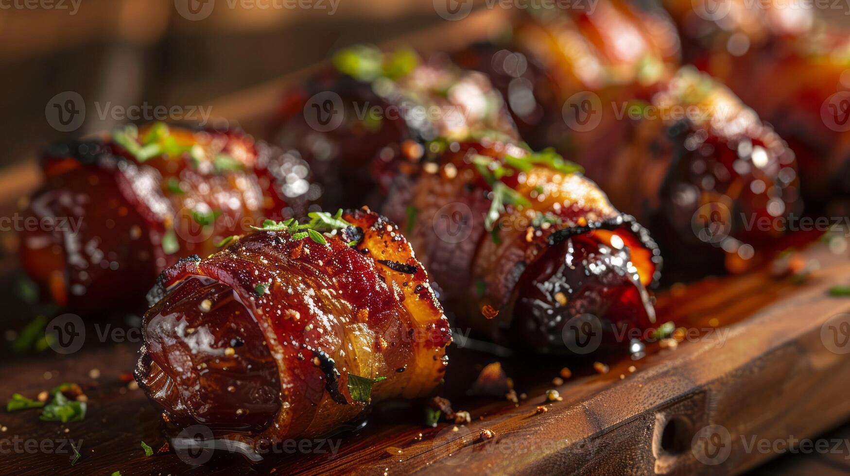 AI generated Dates wrapped in bacon, a delightful combination of sweetness and savory flavors photo