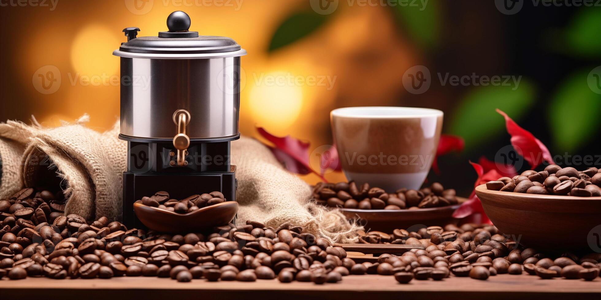 AI generated Coffee Grinder in the Cozy Cafe. Banner with place for text photo