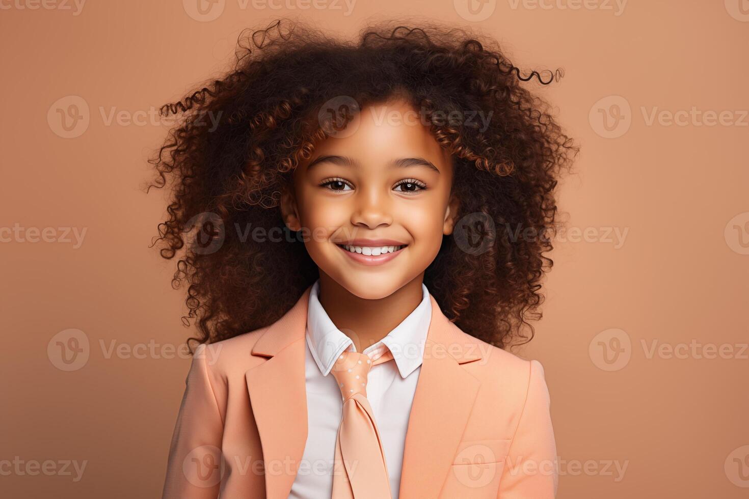 AI generated Joyful Black Girl in Peach Fuzz Suit on a Light Background photo
