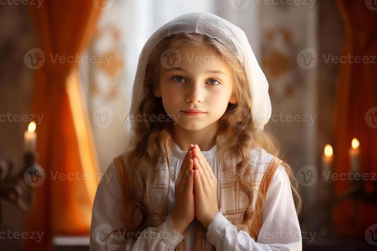 ai generado cristiano niña Orando en un Iglesia foto