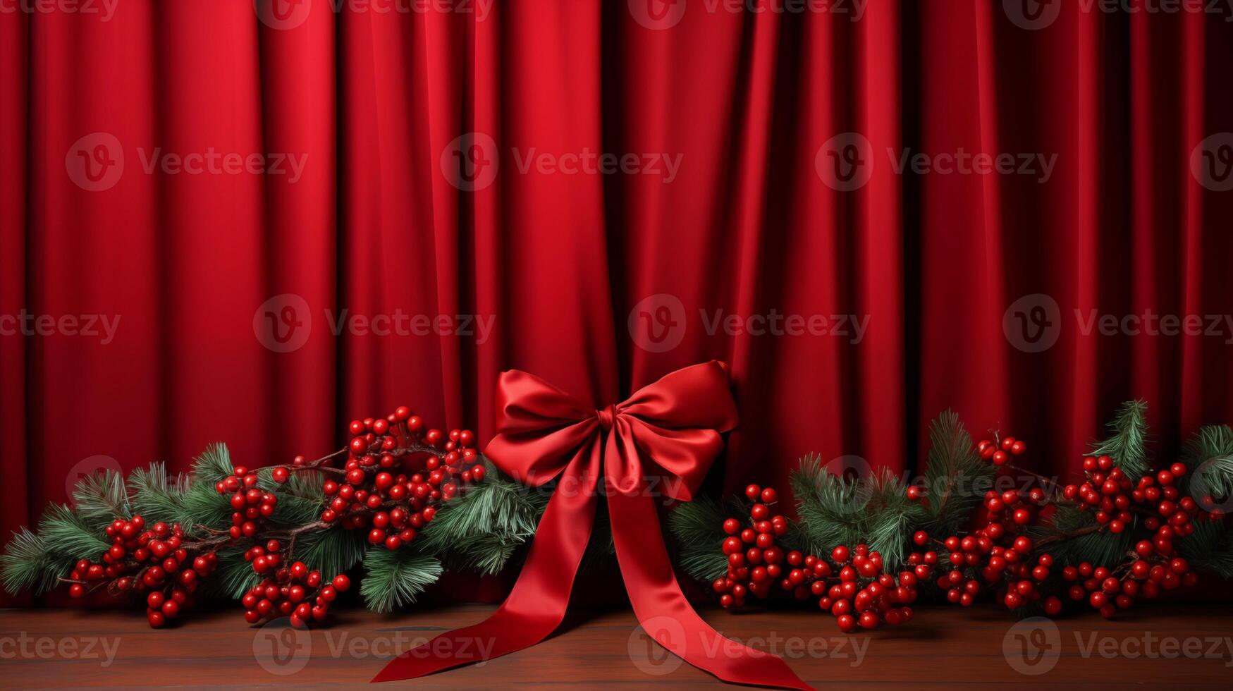 AI generated Christmas Ribbons and Holly Berries Arranged on a Red Background photo