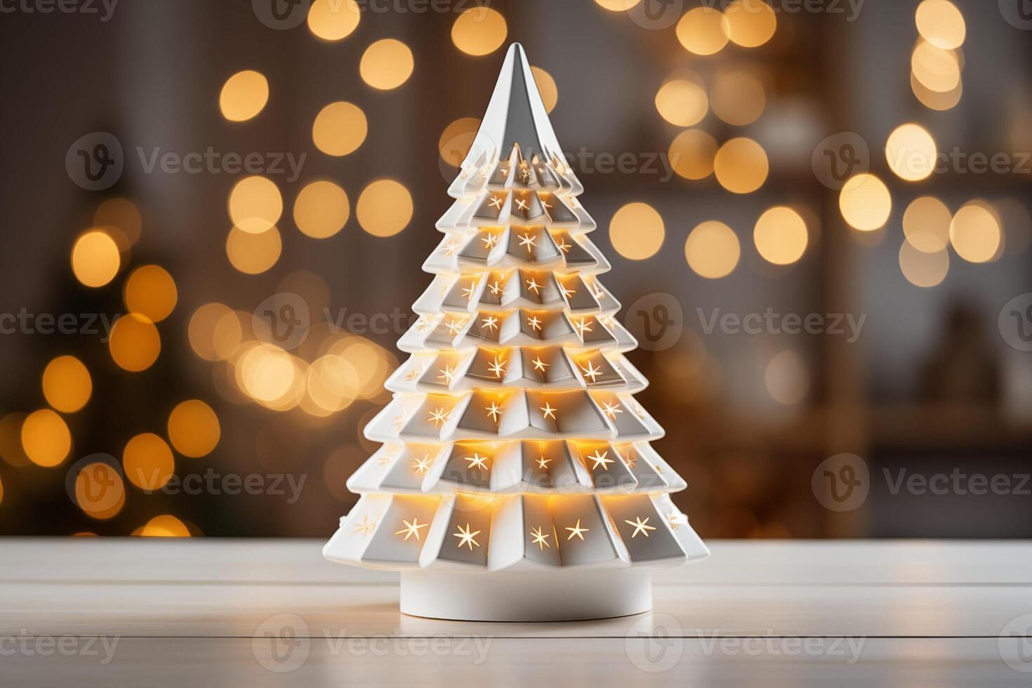 AI generated Illuminated Christmas Tree on Wooden Background photo