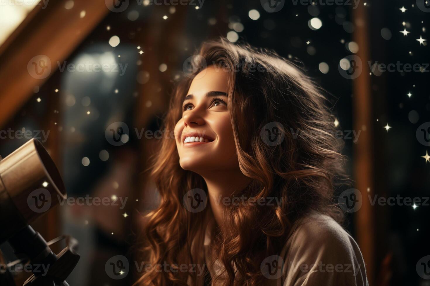 AI generated Smiling Woman with a Telescope photo