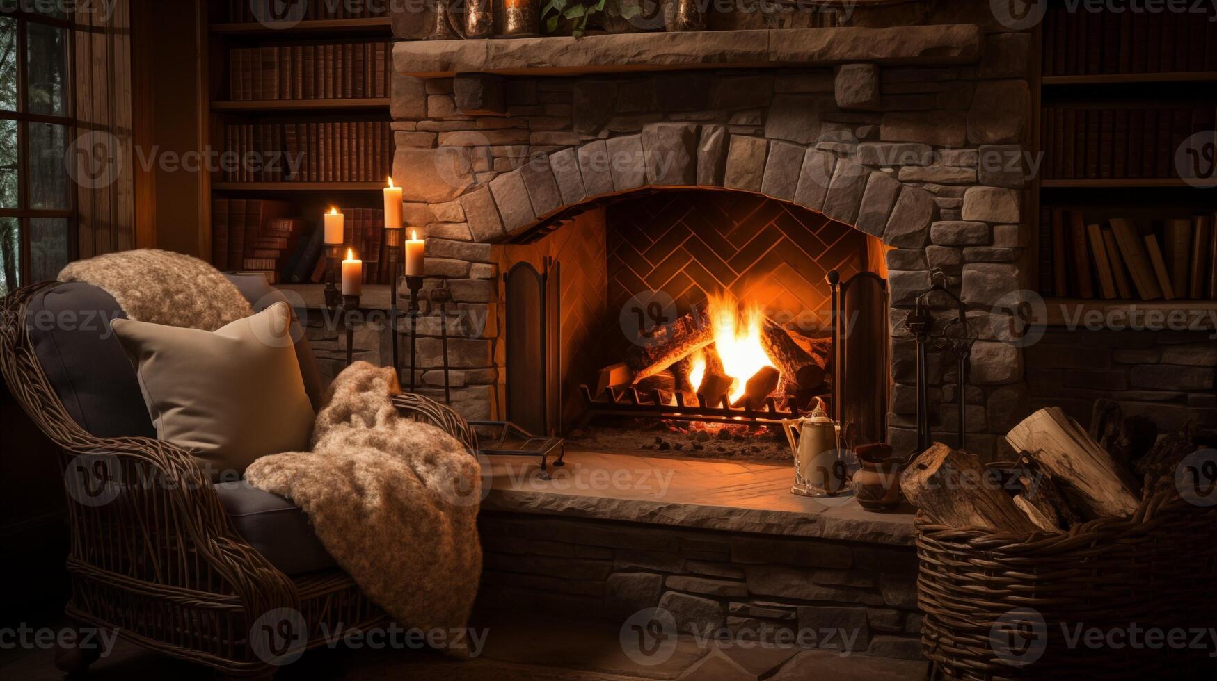 AI generated Warm Hearth. Cozy Fireplace with Crackling Flames Casting a Warm Glow photo