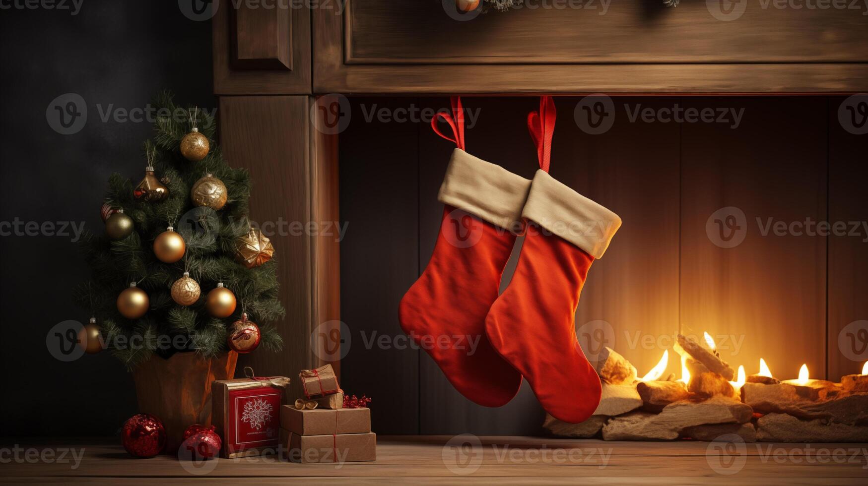 AI generated Christmas Stocking Hanging on a Wooden Fireplace photo