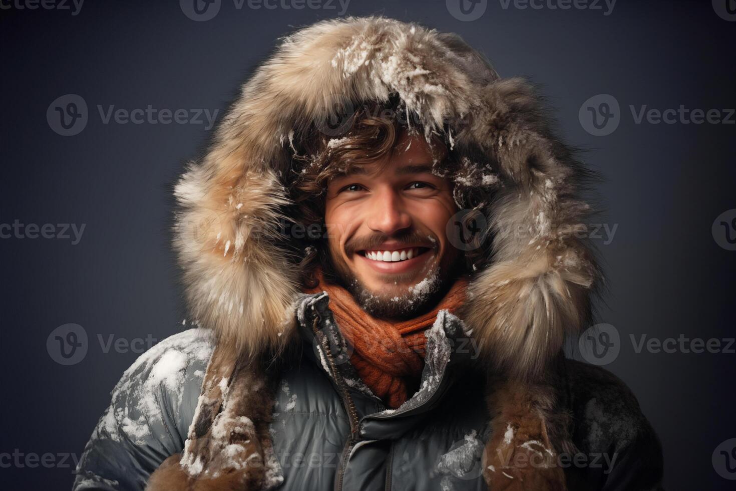 AI generated Happy Man in a Stylish Fur Hood. Casual Elegance photo
