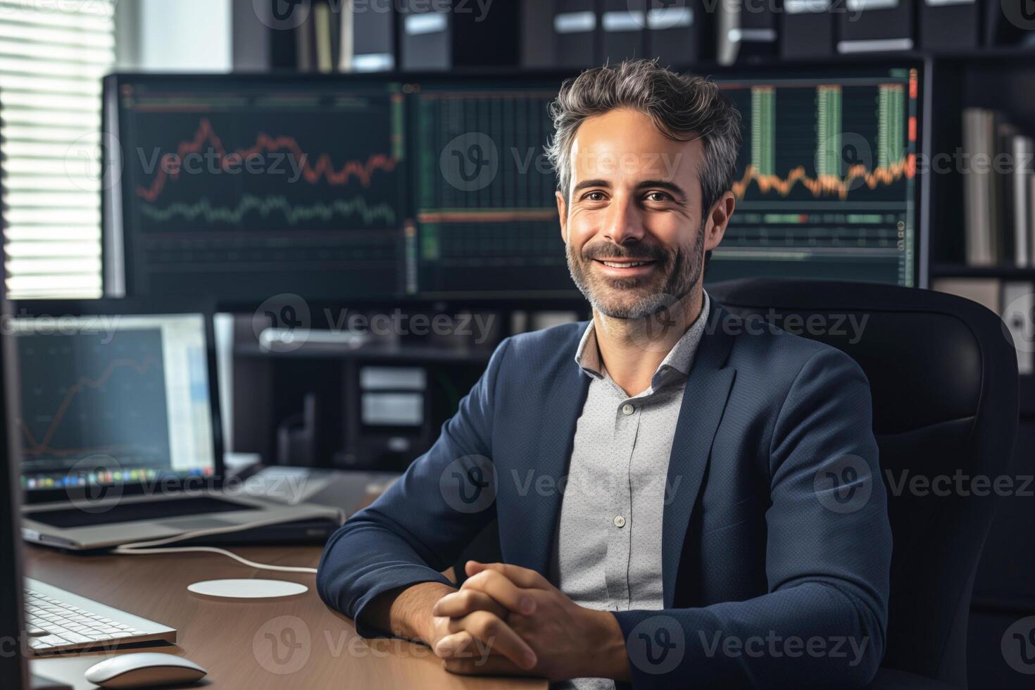 AI generated Happy Intelligent Trader Working on a Busy Office Floor photo