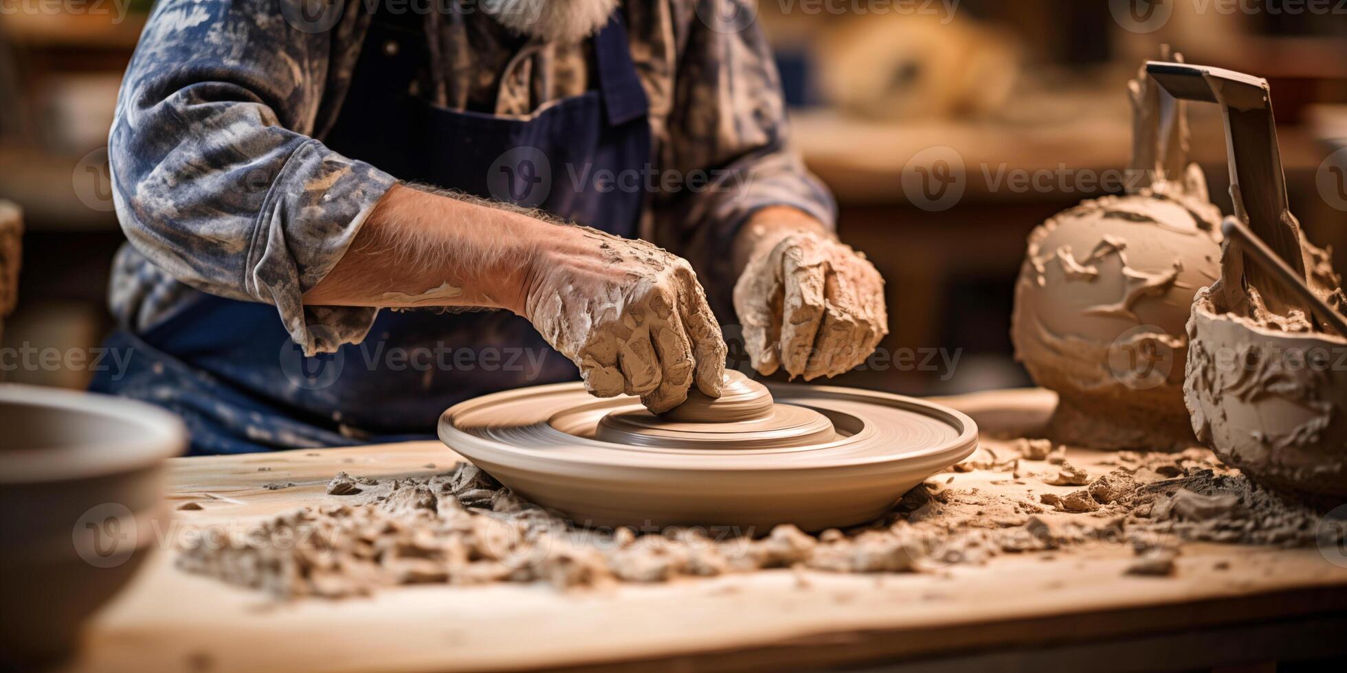 AI generated Man working in Potter's Wheel in Pottery Studio with a Potter Shaping Clay photo