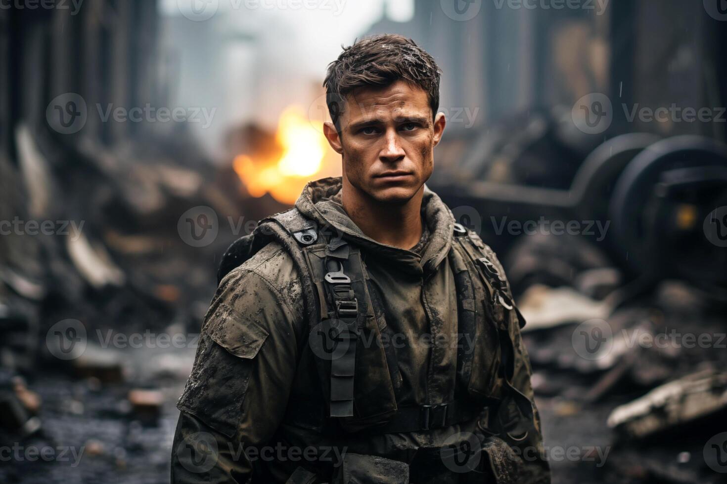 AI generated Military Man in a Destroyed Building photo