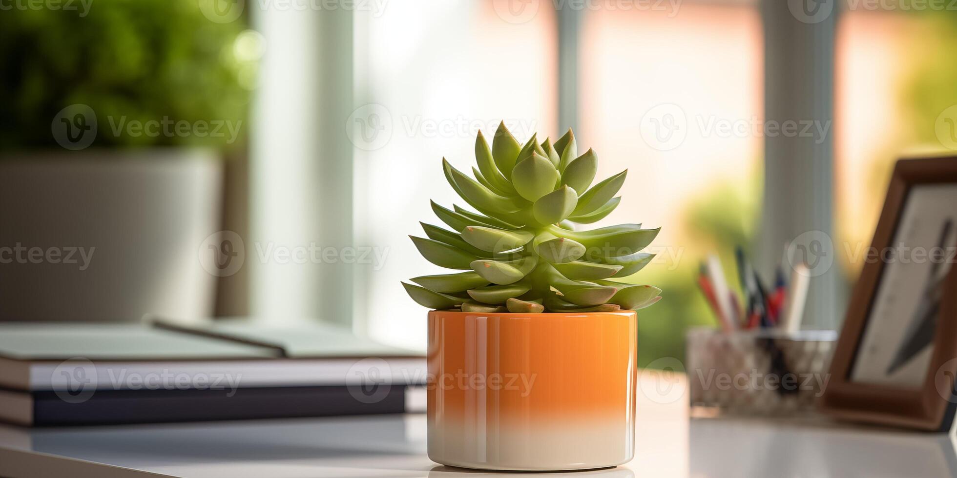 AI generated Potted Succulent on a Modern Office Desk with Small Succulents. Banner with place for text photo
