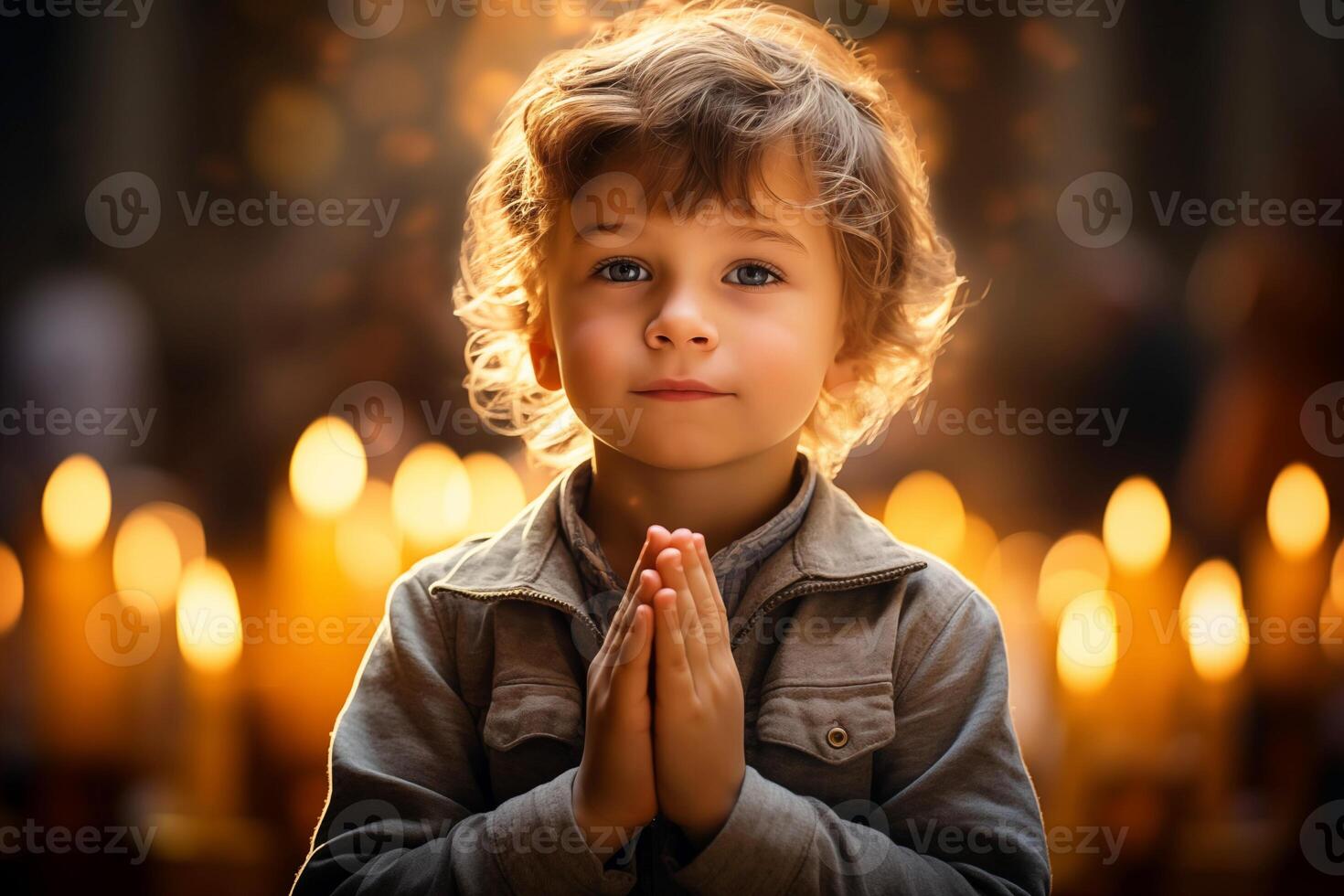 AI generated Christian Boy Praying in a Church. Faithful Moment photo