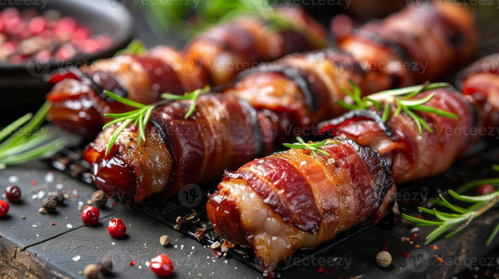 AI generated Dates wrapped in bacon, a delightful combination of sweetness and savory flavors photo