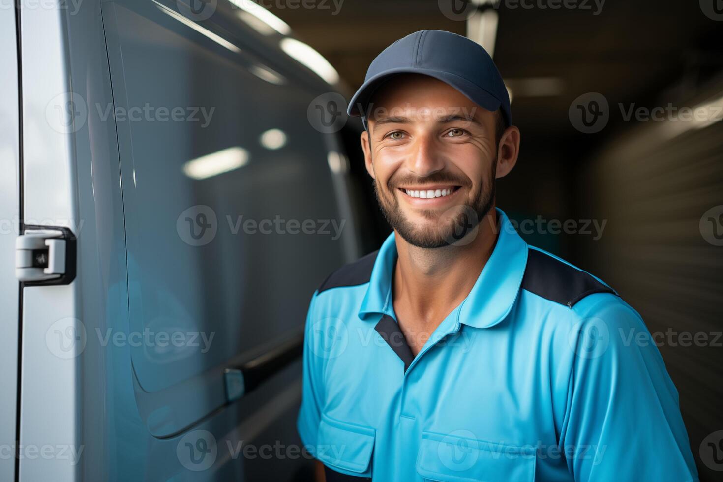 AI generated Joyful Deliveries. Happy Delivery Man at Your Doorstep photo
