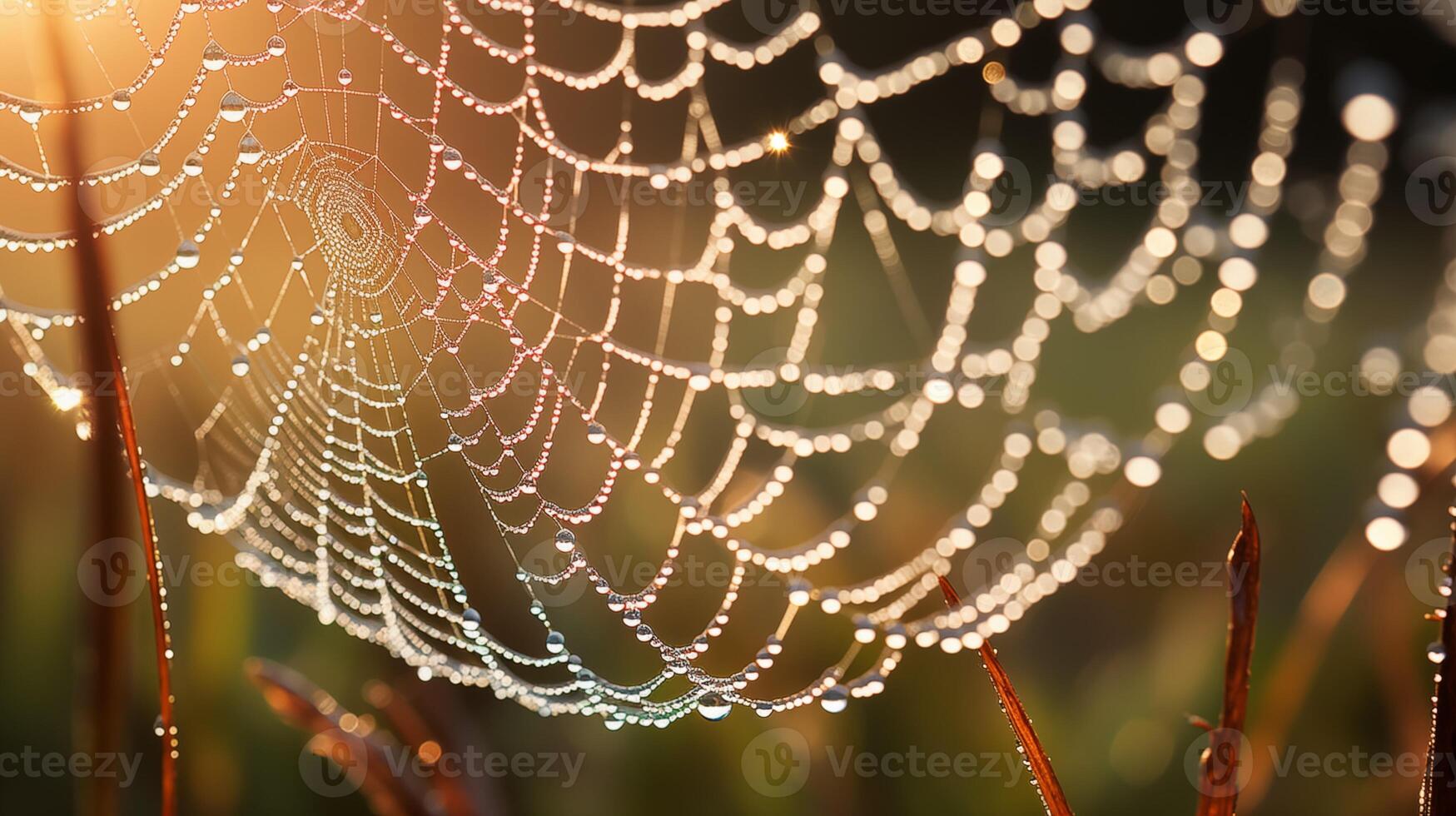 AI generated Macro Photograph of a Dew-Covered Spider Web Glistening photo
