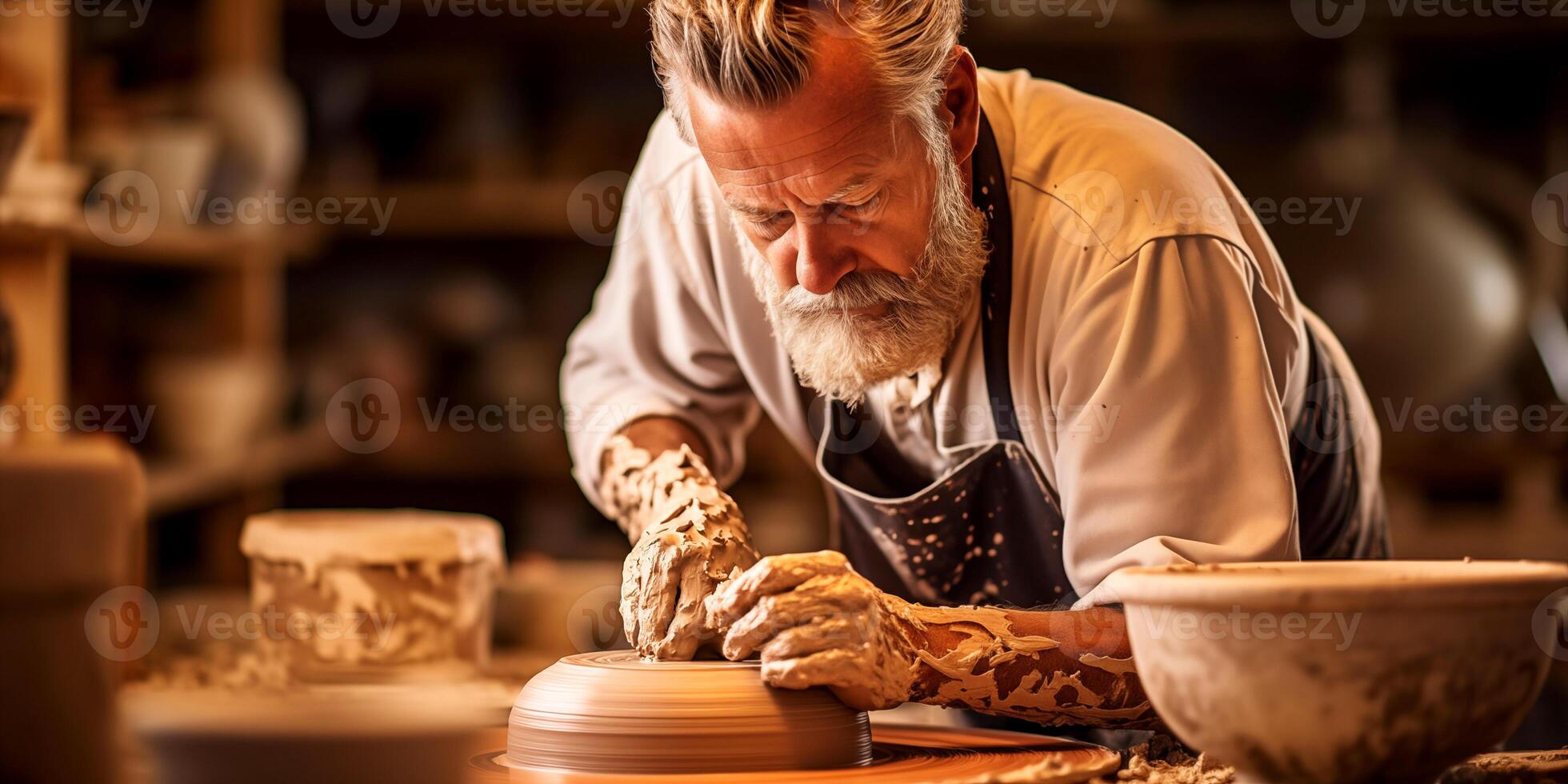 AI generated Man working in Potter's Wheel in Pottery Studio with a Potter Shaping Clay photo